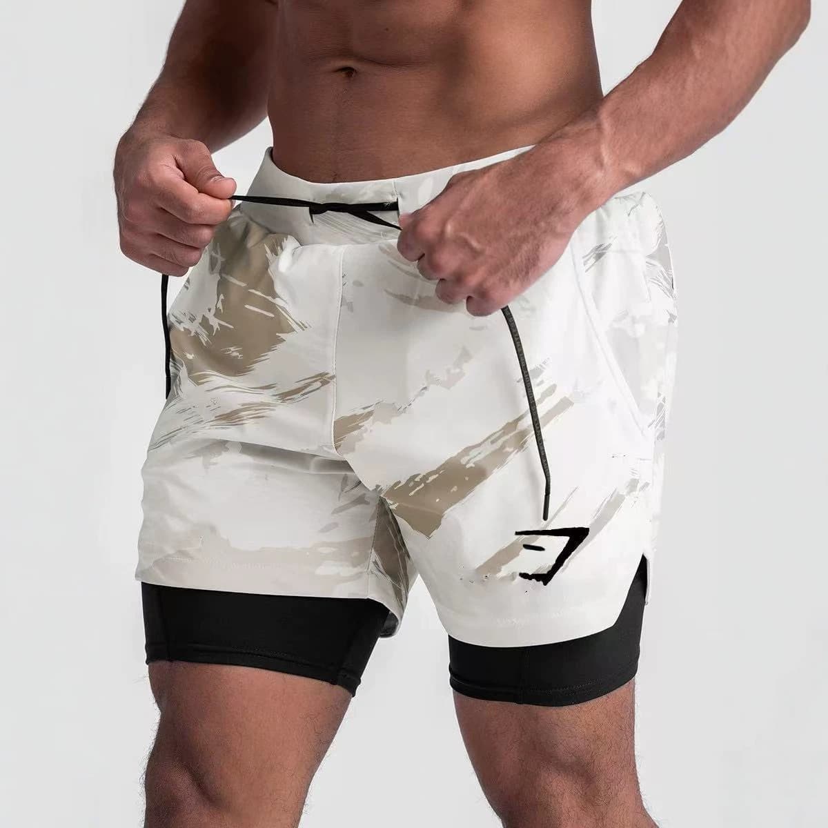 GYM men's fitness sports shorts four-way elastic ice silk running loose breathable double-layer pants five-quarter pants shorts for men