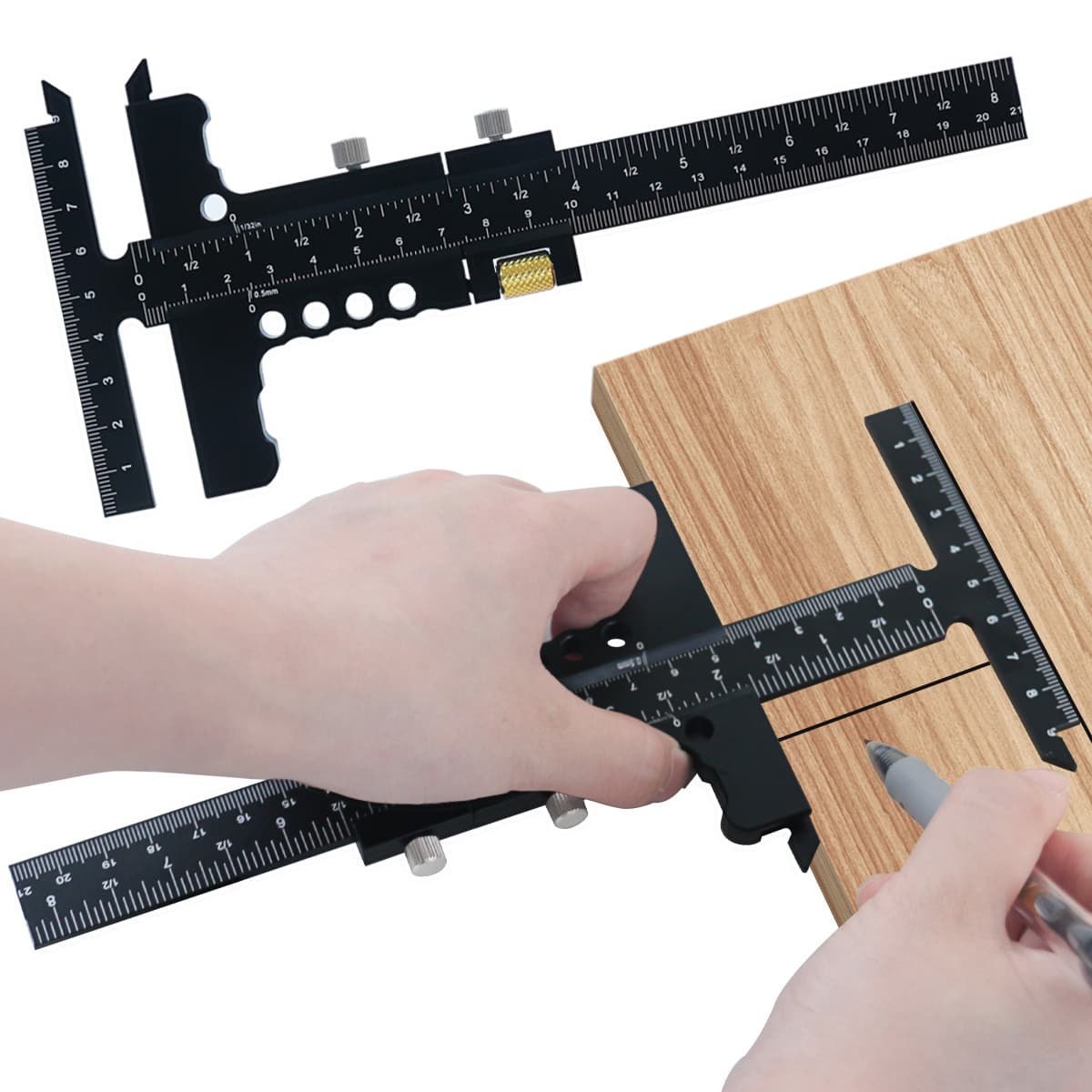 Woodworking scribing ruler aluminum alloy sliding scribing ruler with T-shaped right-angle marking measurement mark woodworking DIY tool