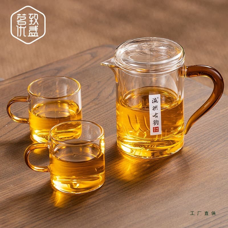 All-Glass Thick Brewing Teapot with Three Cups, Floral Tea, Green Tea, Black Tea Cup, Japanese Tea-Water Separation Single Pot, Fairness Cup