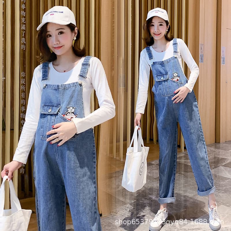 Maternity Overalls Spring/Autumn Set Loose Denim Jumpsuit Petite Suspender Pants Two-Piece Outfit for Pregnancy