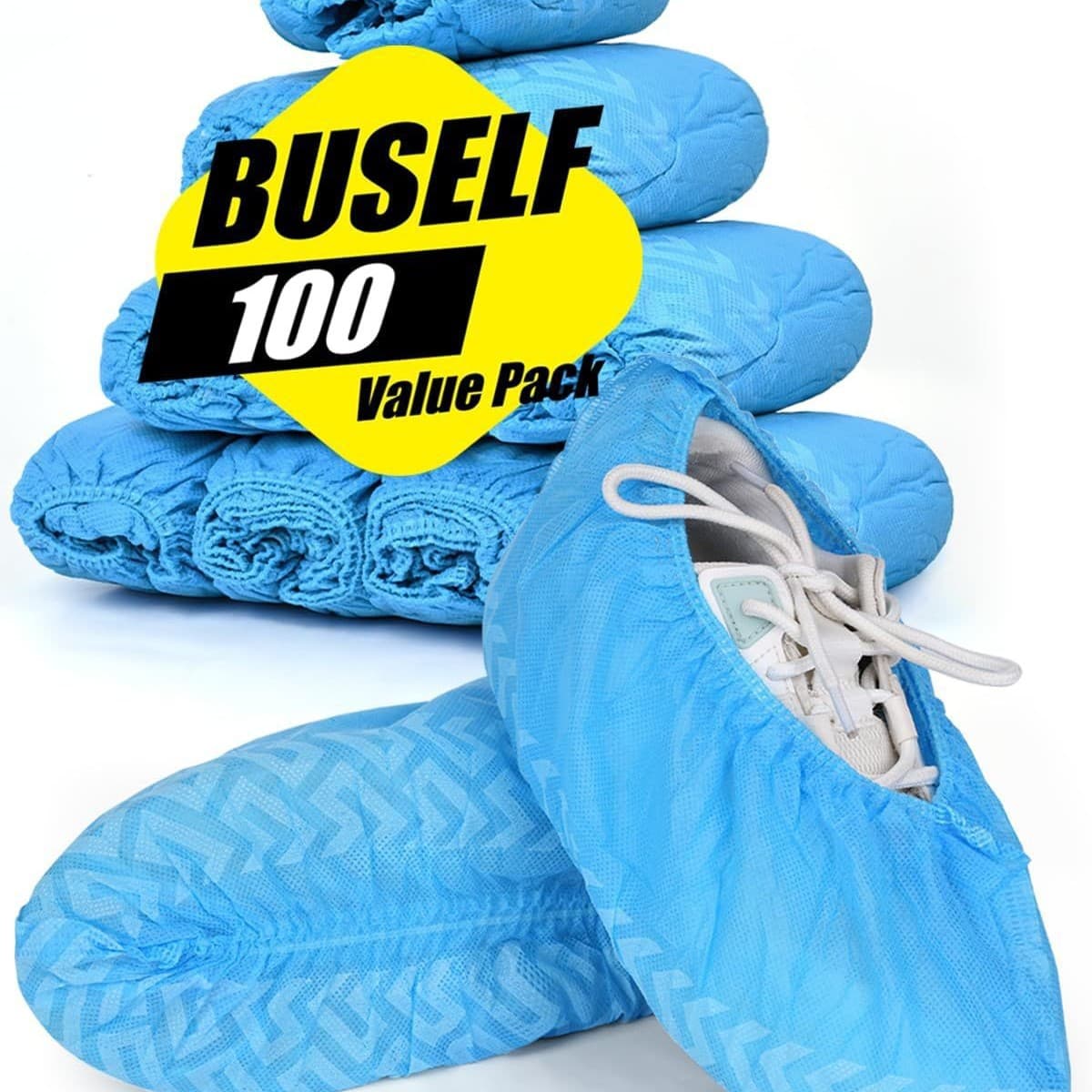 Printed 100-count shoe covers, disposable, slip-resistant, high-quality fabric boot covers, durable, breathable, and recyclable.