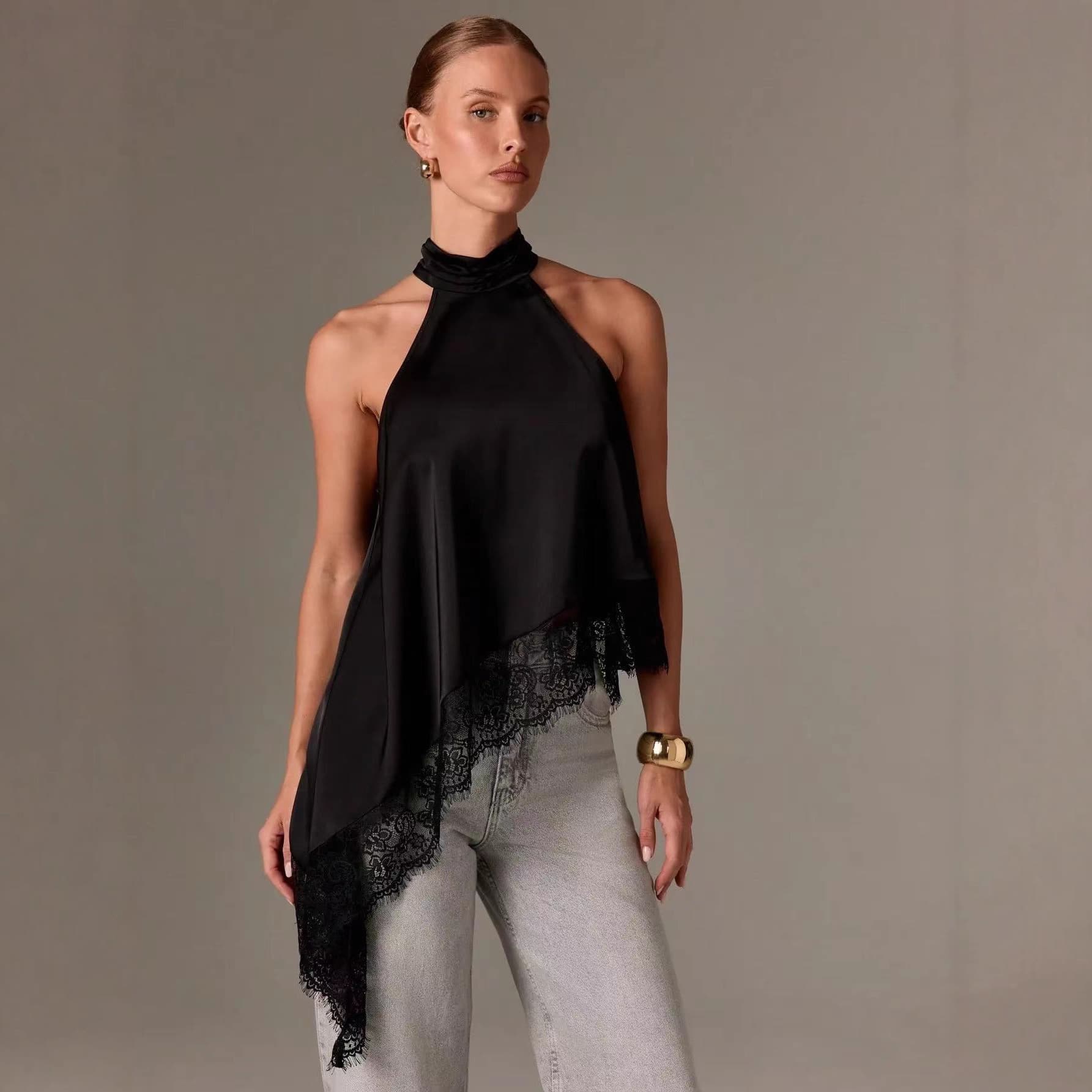 2025 Amazon Bestseller Spring New Mini Lace Trim Satin Flowy Sleeveless Long Top