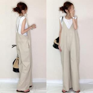 In Stock Loose Wide-Leg Pants 2026 Summer New Casual Patchwork Overalls V-Neck Jumpsuit