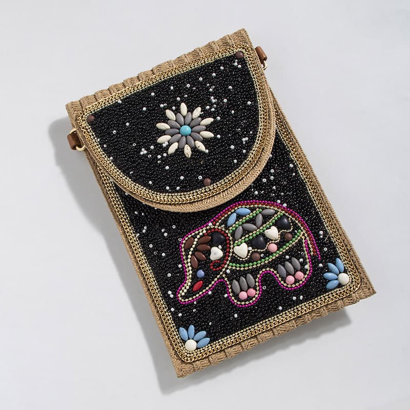 Bohemian Style Bag Rice Pearl Turquoise Pattern Straw Small Crossbody Shoulder Bag Coin Purse Mobile Phone Bag Women's Bag