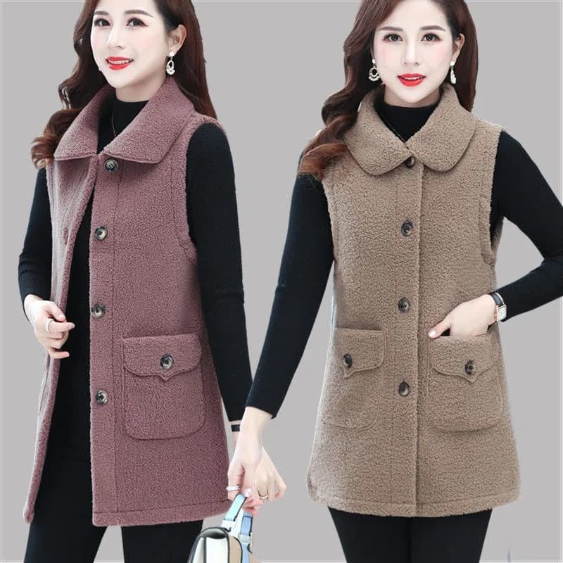 Shearling Slimming Middle-Aged Women's Vest Coat, Fleece Lined Thickened Plus Size MM Mom's Wear Sleeveless Vest Button Hoodie