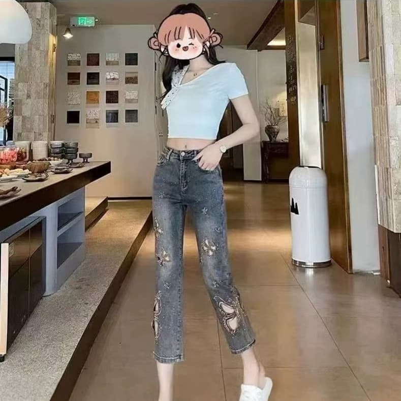 Embroidered diamond jeans for women summer thin eight-point cigarette pants summer small straight hollow bright diamond full diamond eight-point pants