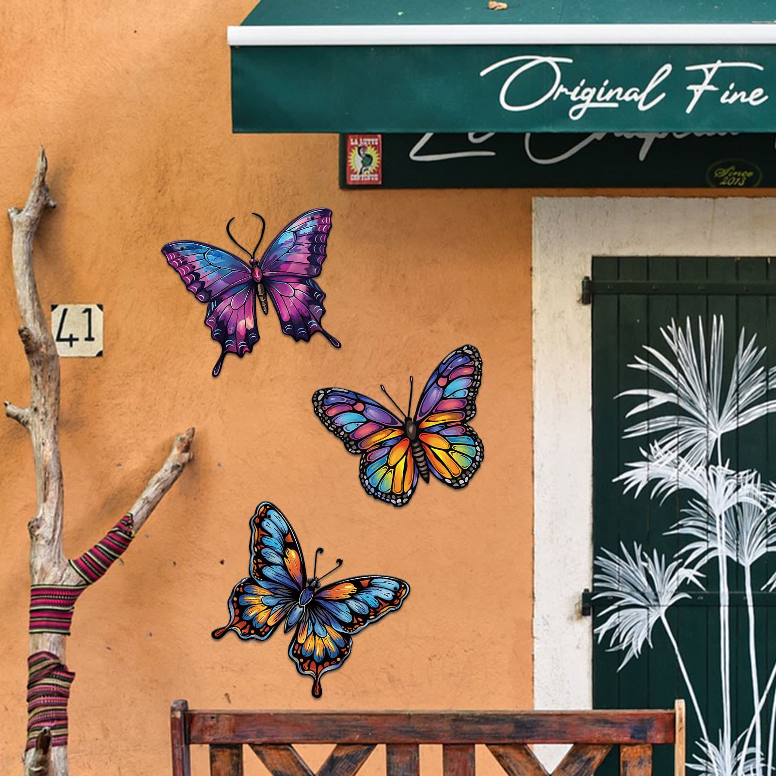 Colorful metal butterfly wall outdoor decoration 3-piece set art sculpture backyard courtyard garden home hanging decoration