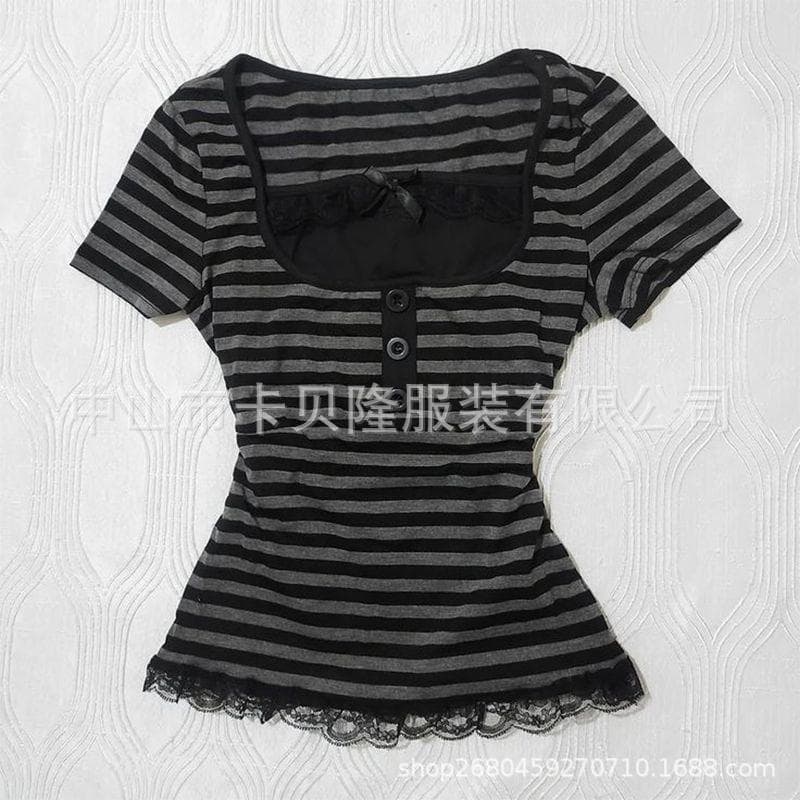 Dark Gray-Black Striped Short Sleeve Women's Top with Square Neck, Lace Buttons, Hot Girl Style, Slimming Fit