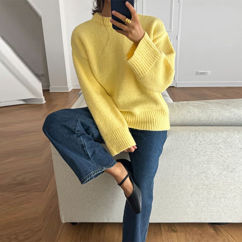 European and American Cross-Border Foreign Trade Lazy Style Round Neck Long-Sleeved Sweater Autumn and Winter New Solid Color Versatile Loose Pullover Knitwear