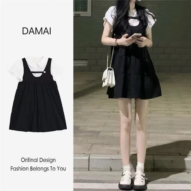 (Douyin quality) Summer sweet age-reducing doll collar dress for female students small vest skirt fake two