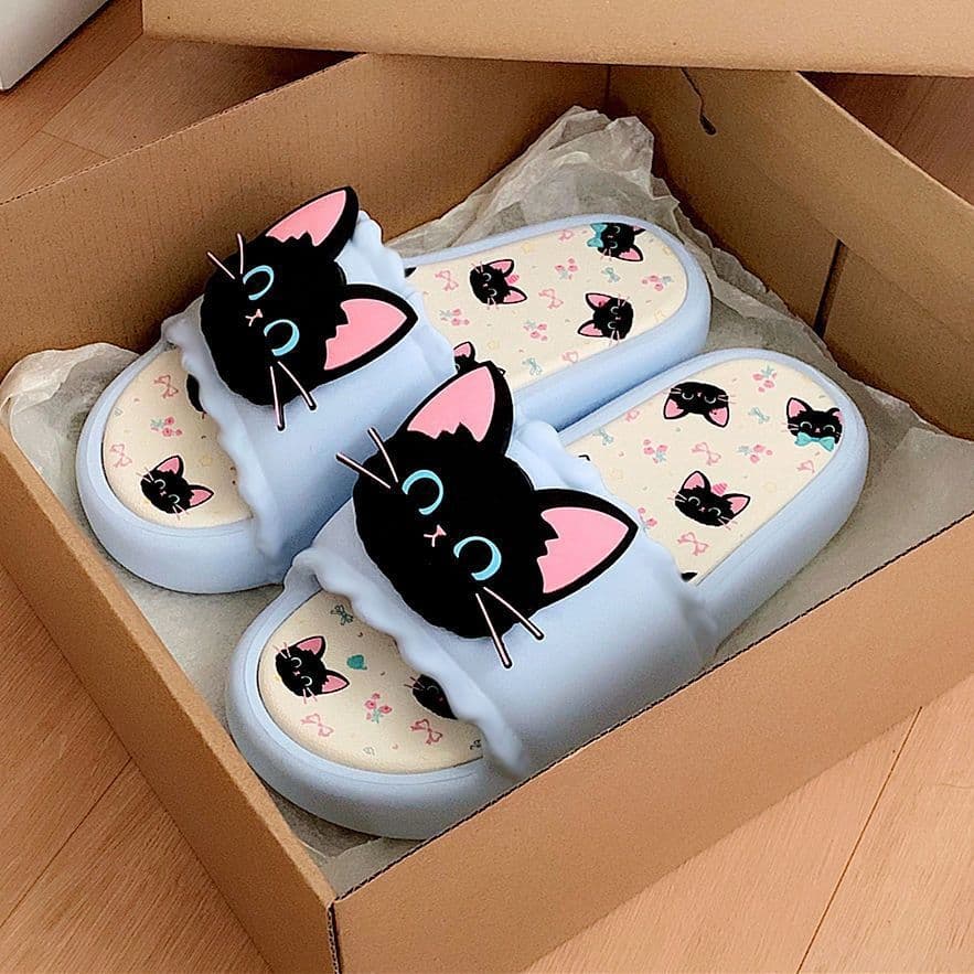 Trendy Casual Summer Sandals for Women, Soft Sole, Sweet Cool Black Cat Design, Outdoor One-Strap Slides