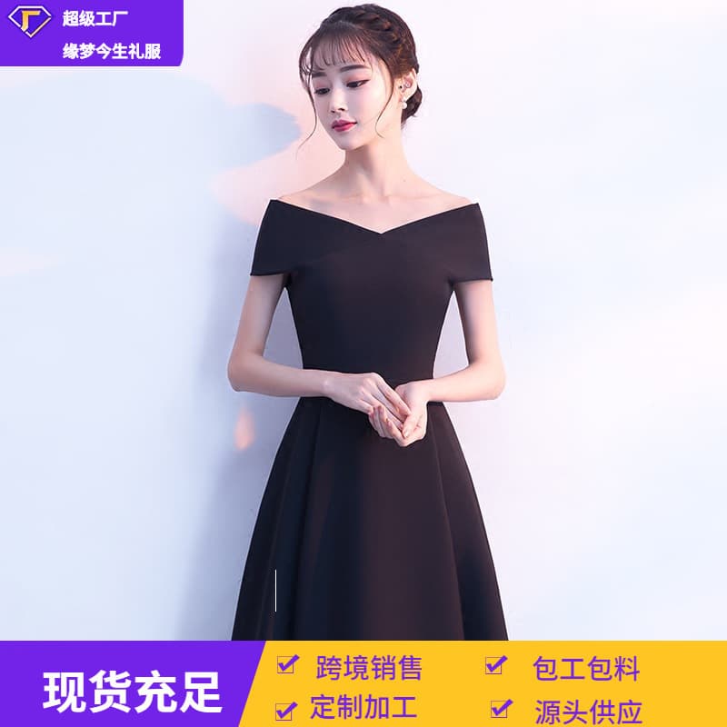 Evening Dress 2026 New Black One-Shoulder Elegant Slimming Midi Dress for Company Annual Meeting Banquet