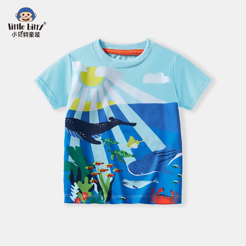 Summer Children's T-Shirt 2024 Cartoon Cute Print Short Sleeve Unisex Soft Polyester Fiber Round Neck Moisture Wicking Kids' Tops