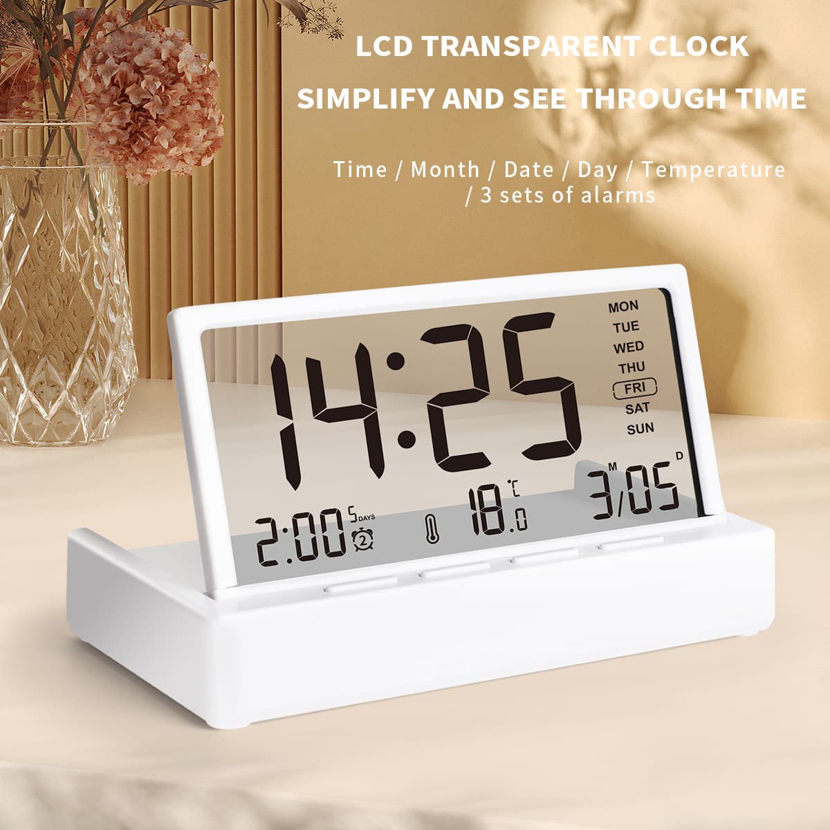 Cross-border new LCD foldable alarm clock desktop multi-function temperature large screen display simple transparent electronic clock