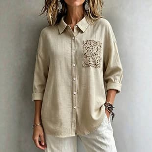 Bohemian Plus Size Blouse with Textured Turn-Down Collar, Lace Cutouts, Pockets, Drop Shoulder, Long Sleeves, Lightweight Top