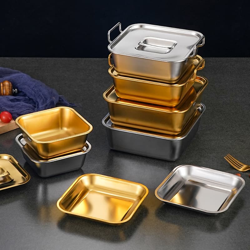 Korean Stainless Steel Square Plate with Lid, Double-Eared Snack Plate, Fried Chicken and French Fries Plate, Golden Dessert Plate, Tiramisu Plate