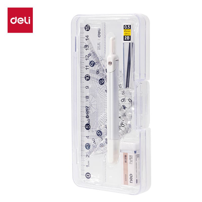 Deli JX112 Simple Series Pen-Shaped Compass Set Student Drawing Compass Ruler Eraser Refill Transparent Box Set