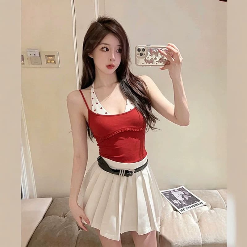 American hot girl splicing polka-dot halterneck fake two-piece camisole women's summer outer wear backless sleeveless top