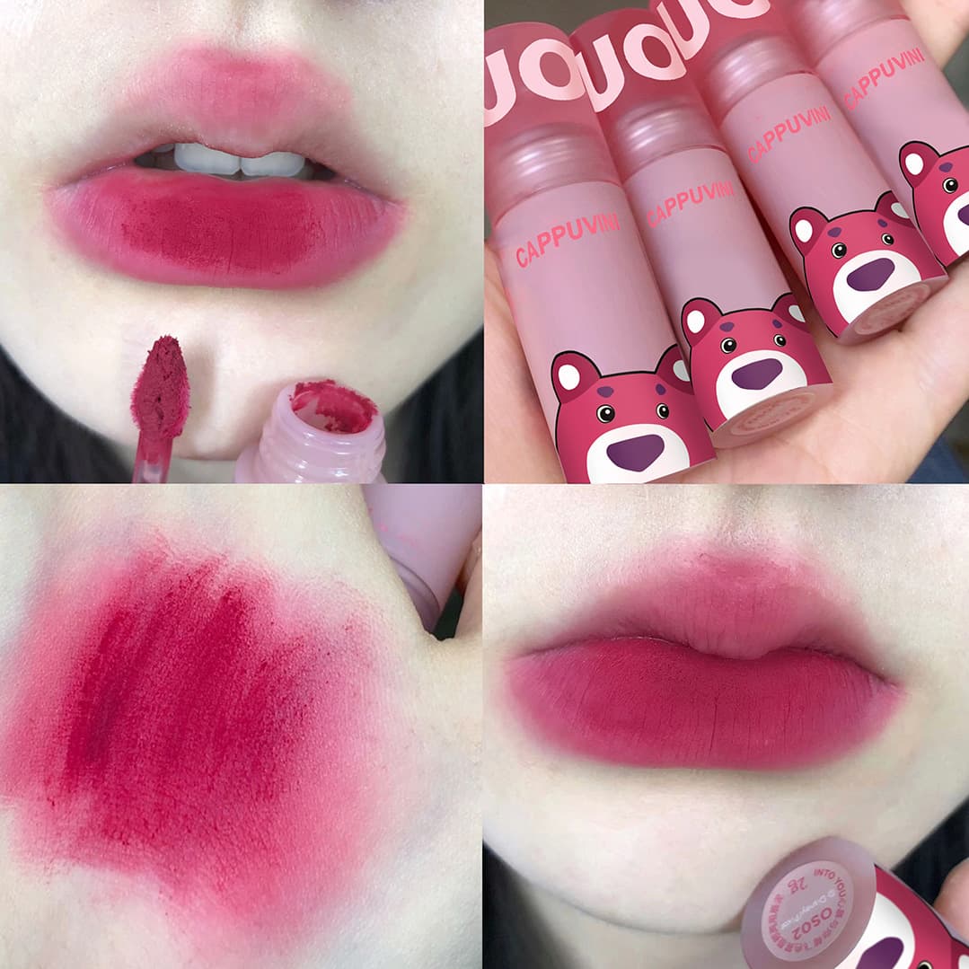 Pink Bear Lip Mud Matte Lip Glaze Velvet Whitening National Cosmetics Lipstick Three-piece Set Suitable For Beauty Makeup
