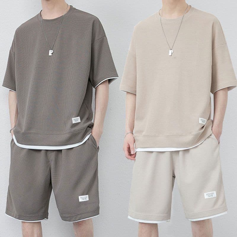 Summer Waffle Ice Silk Short Sleeve Men's Sport Casual Set Plus Size Men's Matching Shorts T-Shirt