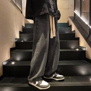 Vintage Retro Denim Jeans for Men, Spring/Autumn New Arrival, Hong Kong Style Solid Color Loose Wide Leg Straight Pants