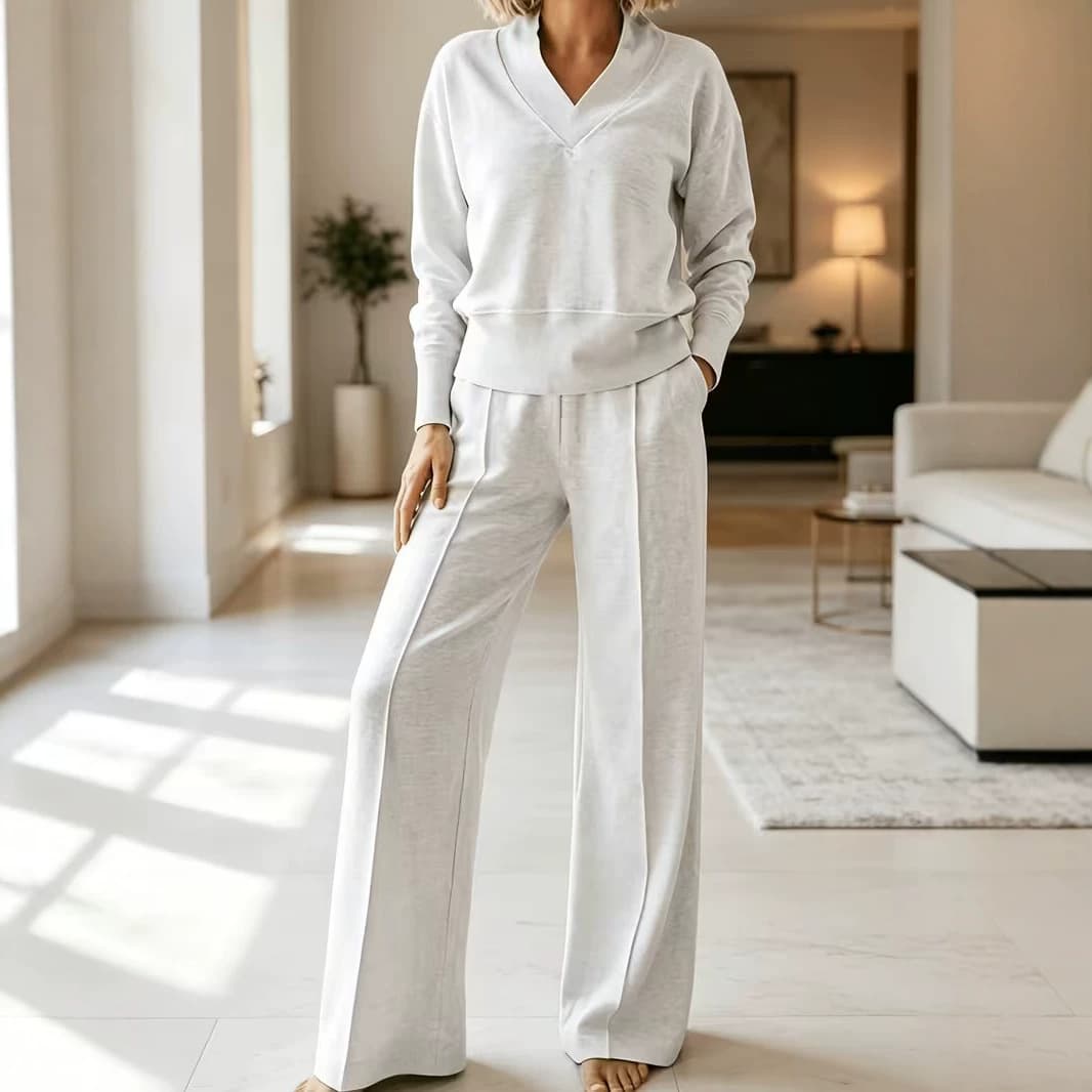 2026 Fall/Winter New Fashion V-Neck Solid Color Casual Set Slimming Versatile Top Wide-Leg Pants Women
