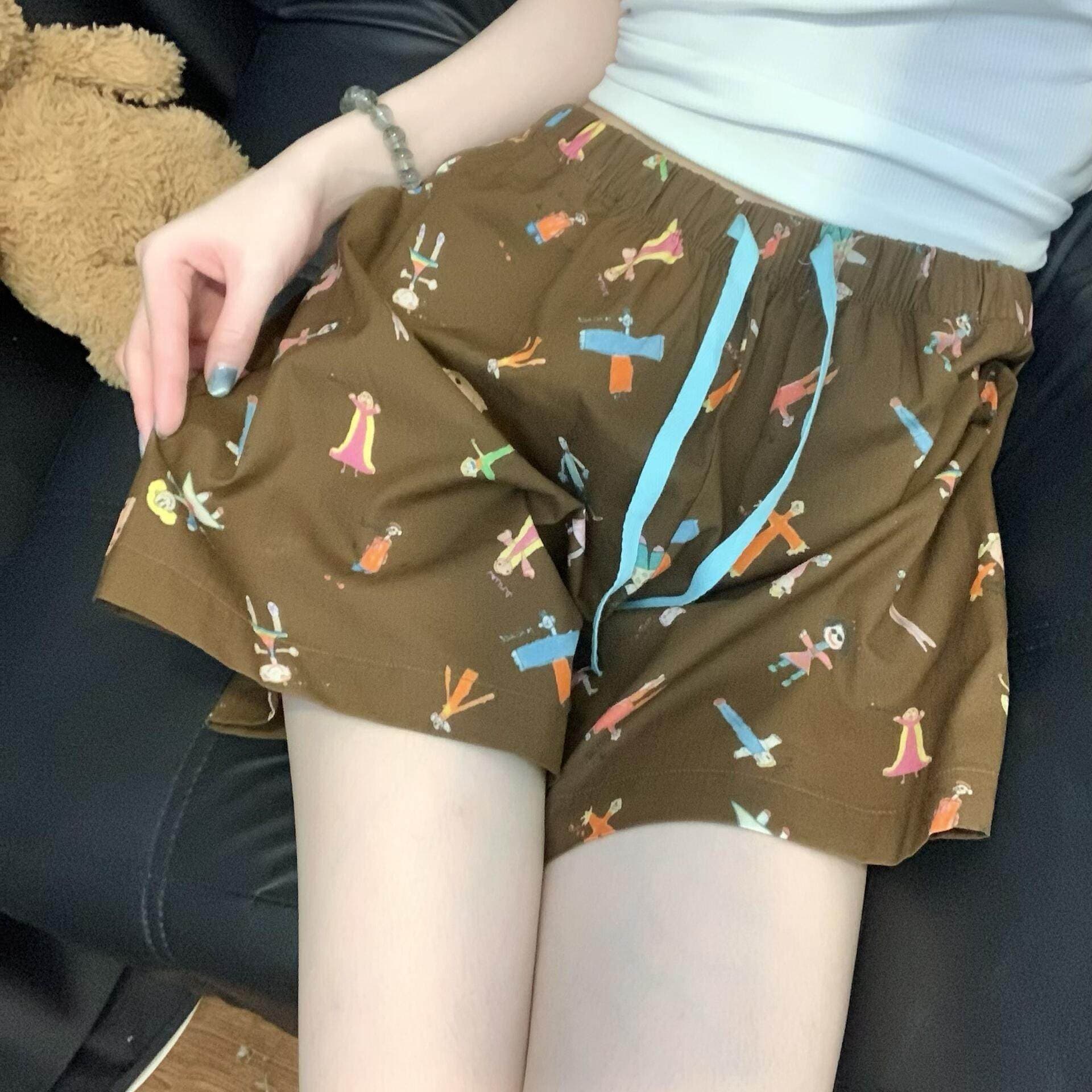 American retro cartoon printed pajama pants for women summer new 2026 high-waisted loose casual home shorts that can be worn outside