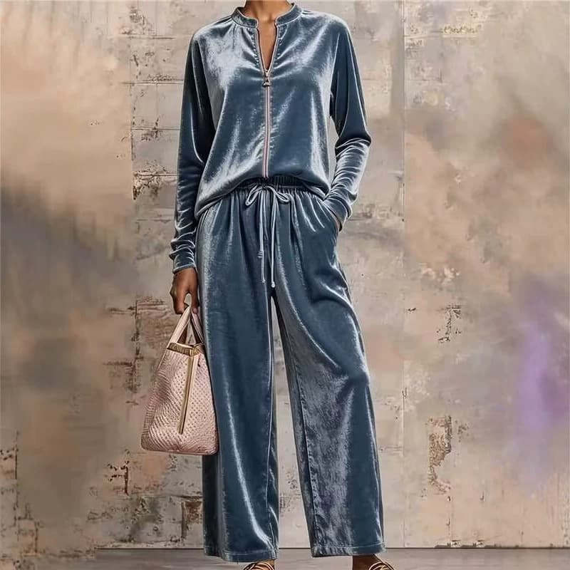 2026 Autumn/Winter European and American Women's Clothing Independent Station Velvet Hoodie Coat Wide-Leg Pants Women Drape High-Waist Suit Set Women
