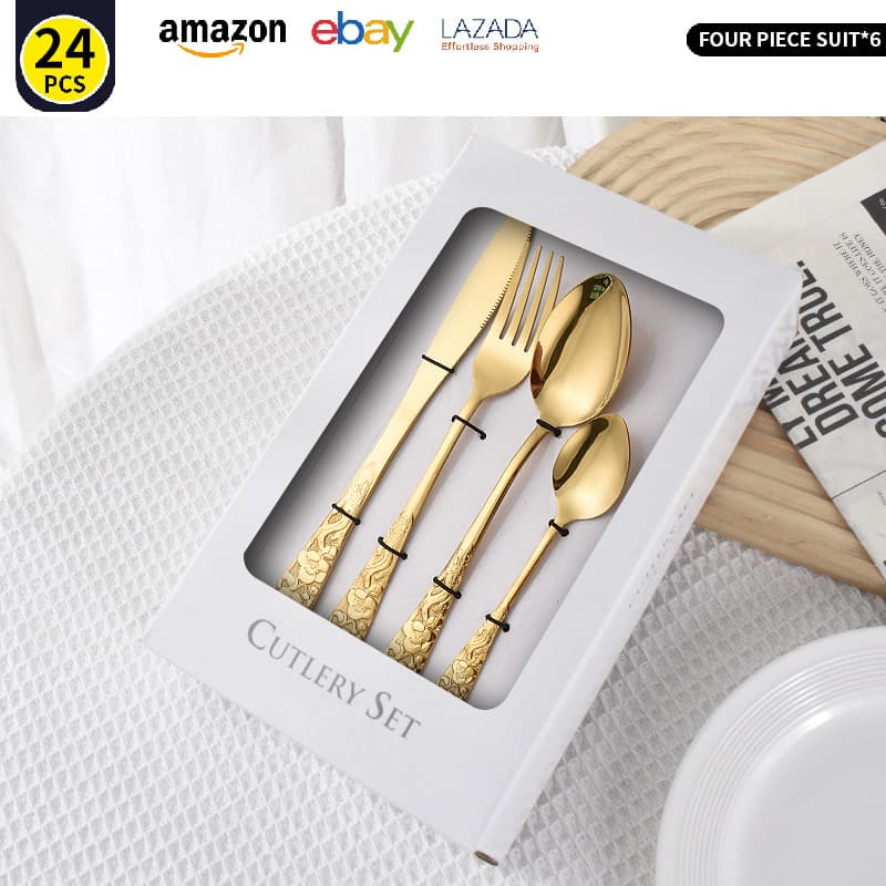 Stainless steel tableware carved steak knife, fork and spoon tips cross-border Amazon hotel tableware 24-piece set