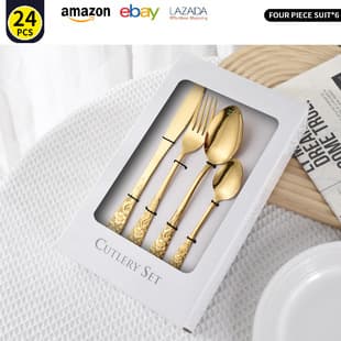 Stainless Steel Tableware with Carved Pattern Steak Knife Fork Spoon, Pointed Tip, Cross-Border Amazon Hotel Tableware 24-Piece Set