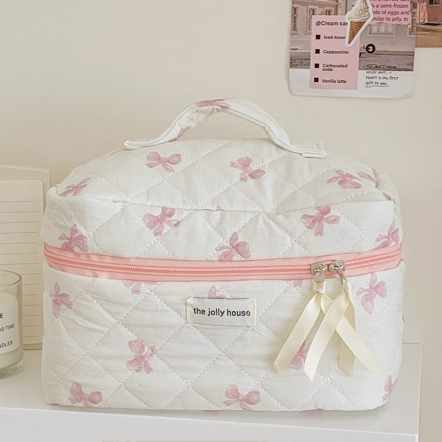 White Bow Cosmetic Bag, Fresh and Cute Student Portable Large-Capacity Toiletry Organizer