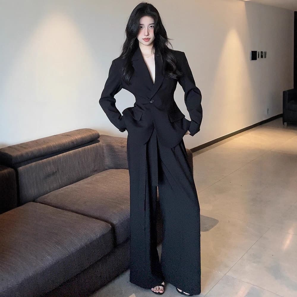 In-Stock 6689 Plus Size Women's Suit Set, Office Wear for Curvy Girls, Trendy Tie-Waist Wide-Leg Pants Two-Piece Set