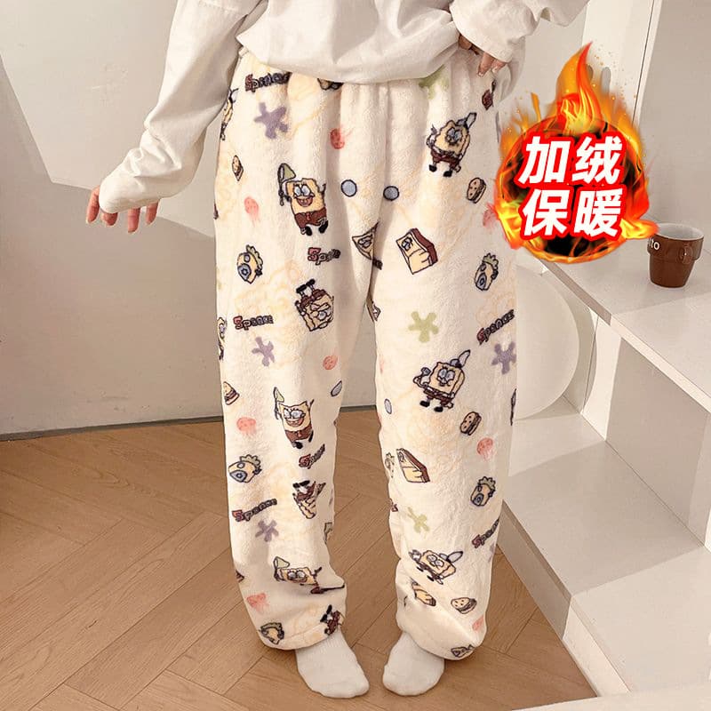Coral Fleece Sleep Pants for Women, Winter Thickened Fleece-lined Flannel Cute Japanese-style Warm Home Long Pants, Plus Size Wearable Outdoors