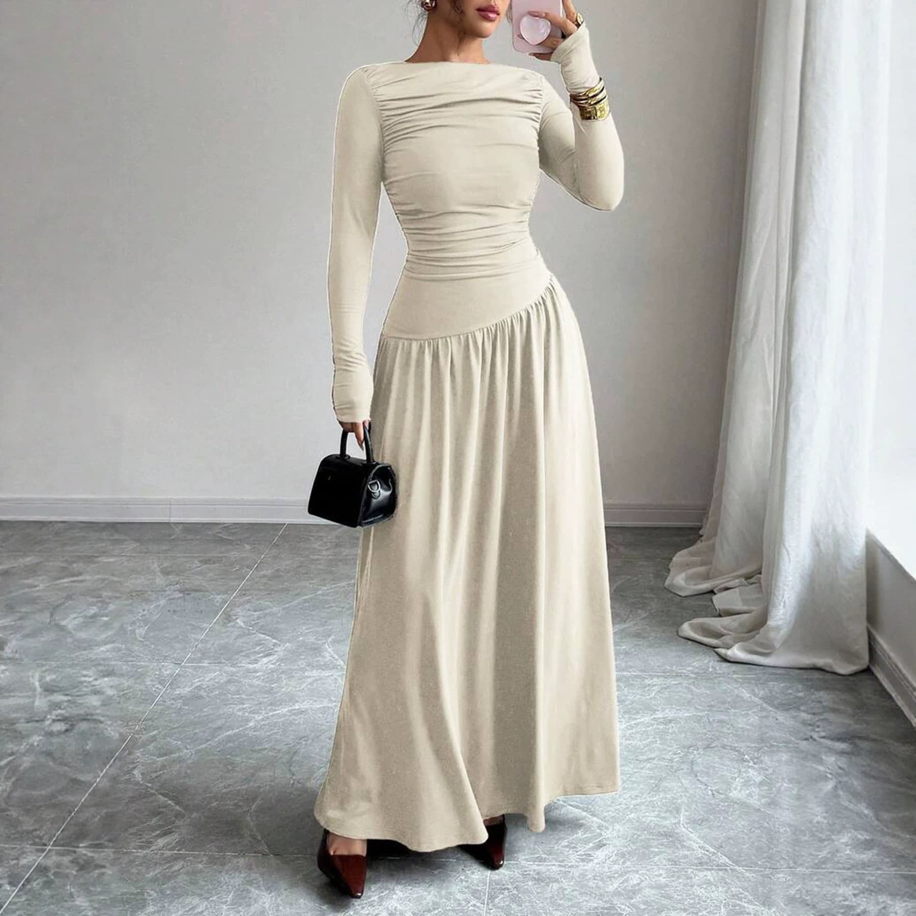 2026 Fall/Winter New Cross-border Amazon Independent Site European and American Women's One-Shoulder Pleated Slim Long Dress