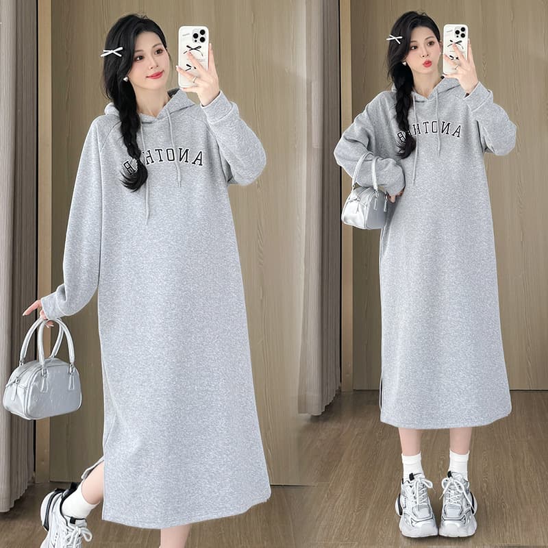 Maternity Loose Fit Fashionable Autumn Winter Fleece-Lined Thick Sweatshirt Mid-Length Dress