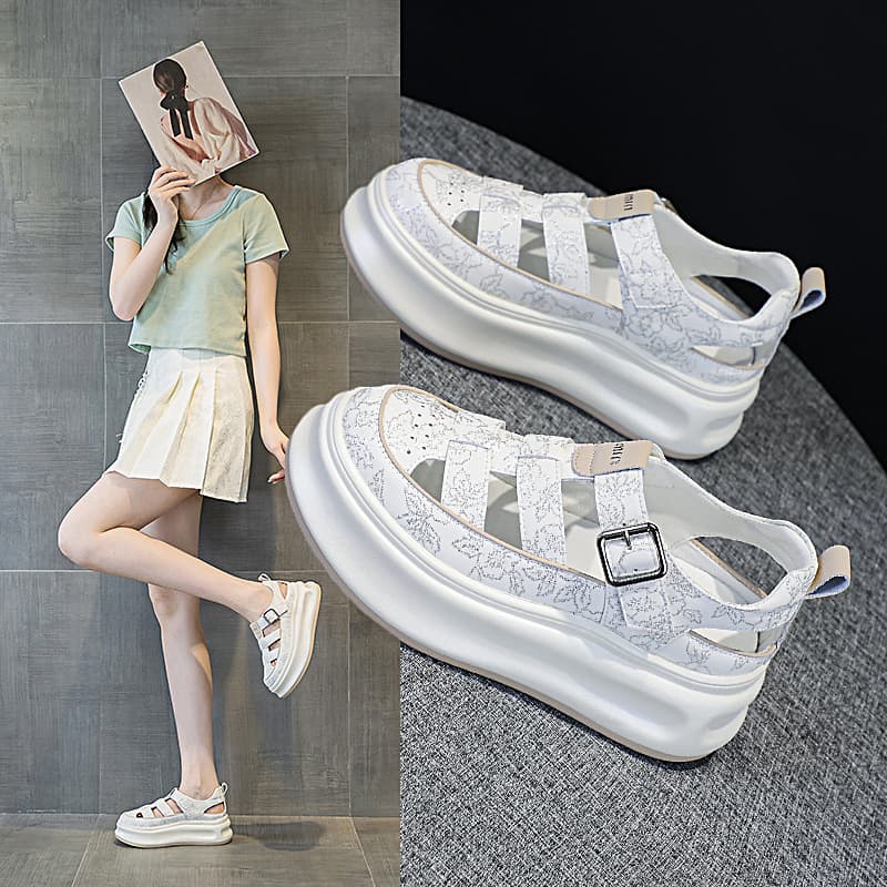 Genuine Leather Toe-Cap Roman Sandals Women 2026 Summer New Thick Platform Hollow Casual Sports White Shoes