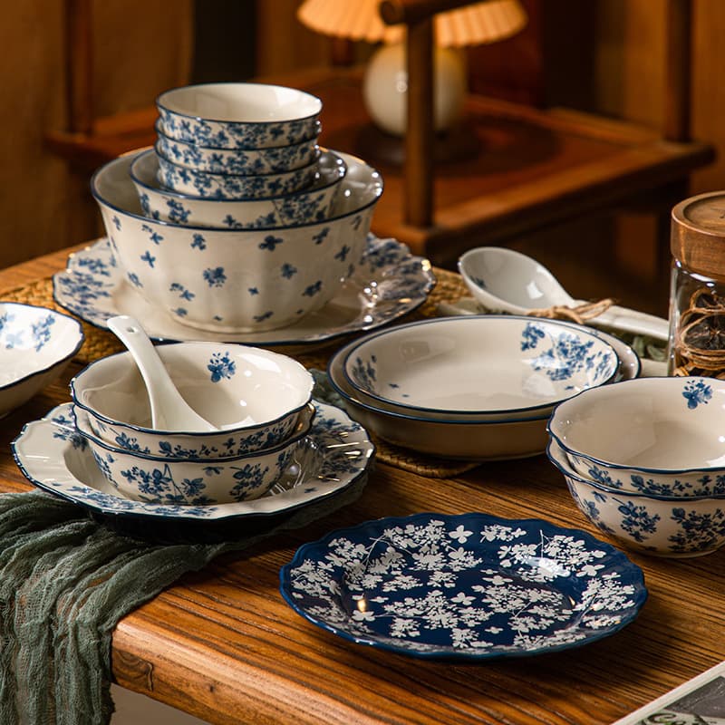Premium Ceramic Tableware Bowl and Plate Set for Home, Guochao Style Bowls Plates Dishes, Chinese Rice Bowls Plates, In-Glaze Color Soup Bowls