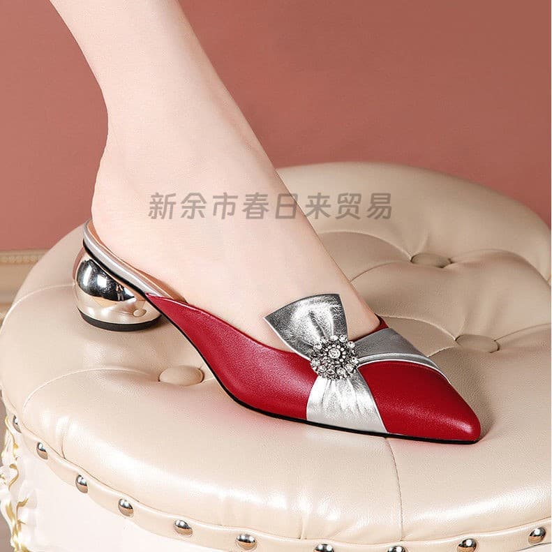 2026 Spring/Summer New Fashion Rhinestone Half-Slipper Women's Sandals, Chunky Heel, Pointed Toe, Cross-Border Style