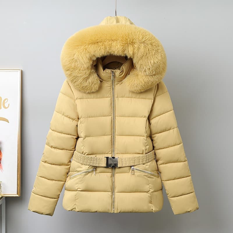 2025 New Korean Style Waist-Cinching Short Down Cotton Coat with Large Fur Collar for Women, Thick Warm Fashion Jacket
