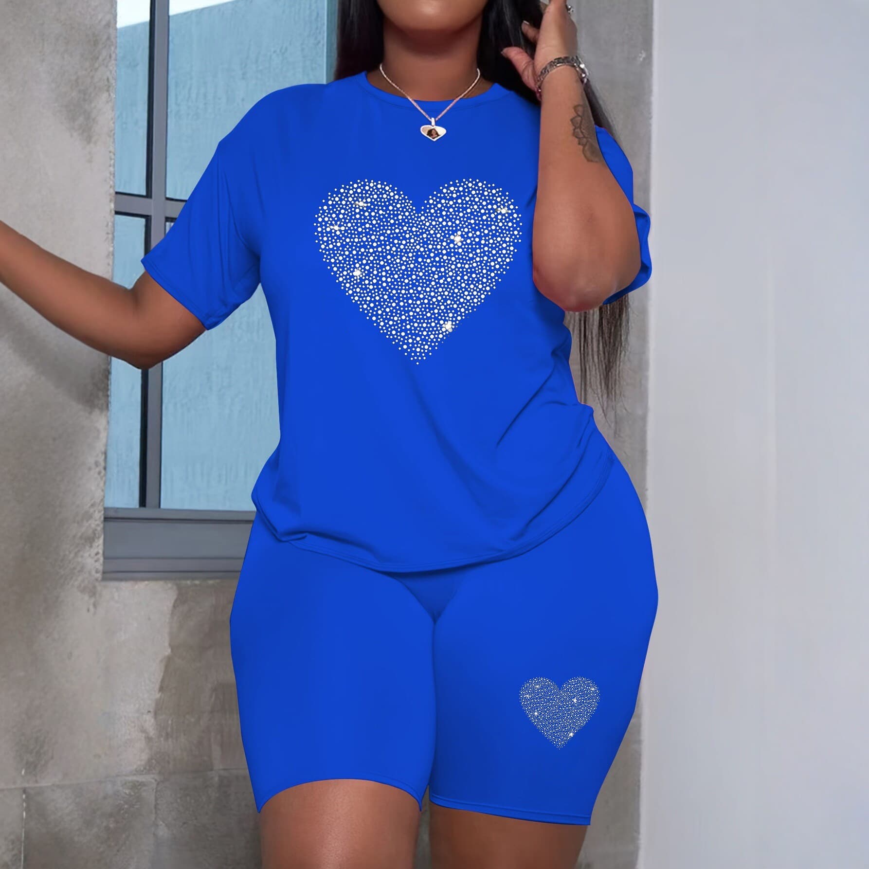 2026 New European and American Style Heart-Shaped Print Women's T-Shirt and Shorts Set, Round Neck Casual Sports Plus Size Cross-Border In-Stock