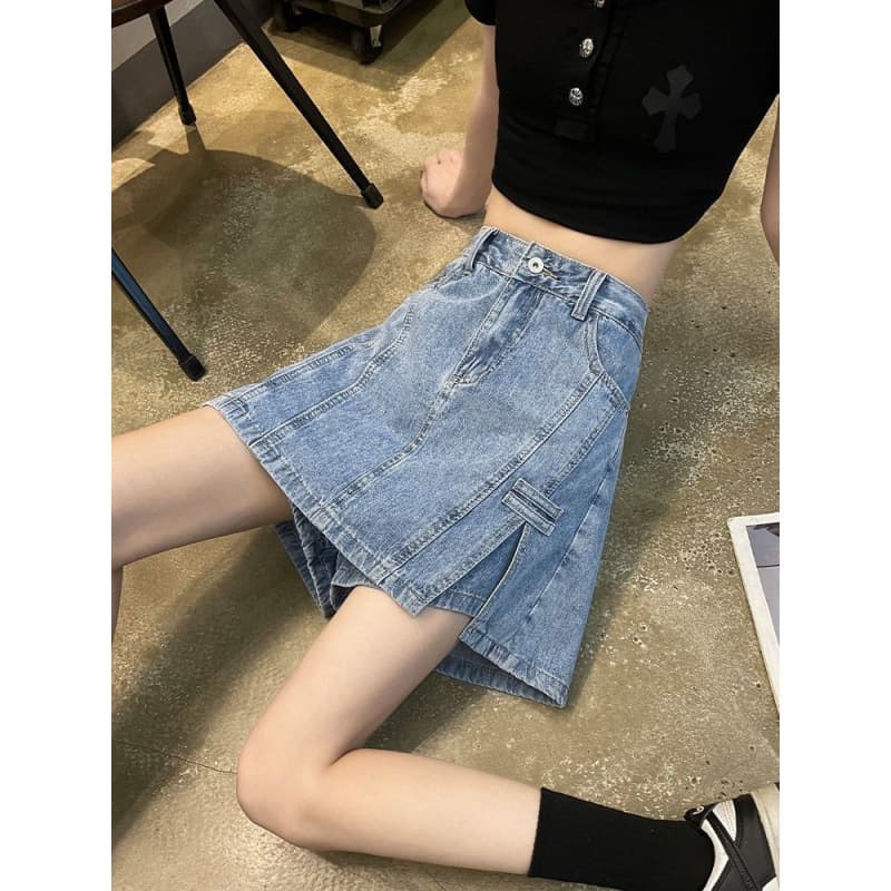 High-waist slim-fit denim shorts for women, summer lightweight loose culotte shorts, 2025 new A-line short skirt