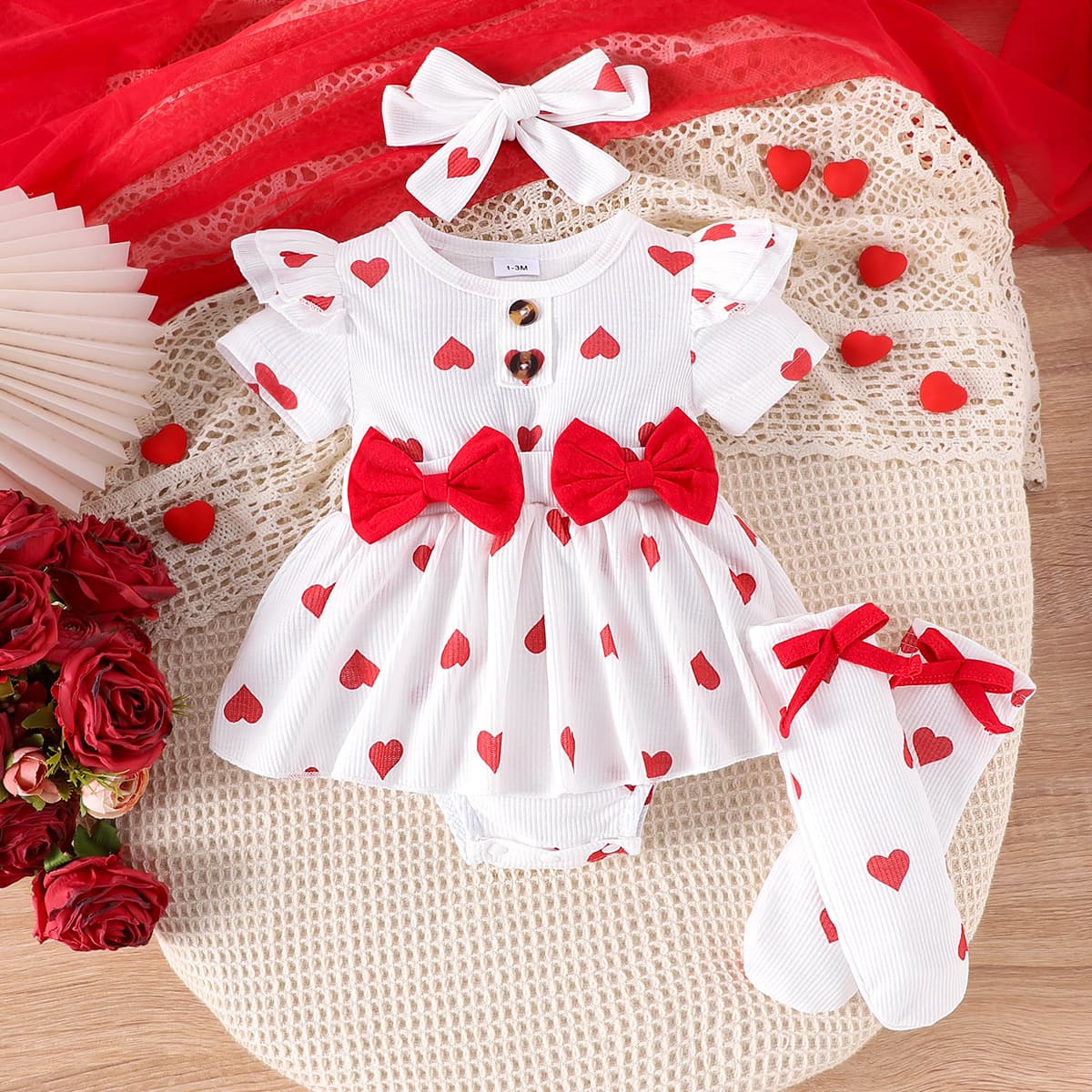 Baby Girls Clothes 0-2Y baby girl summer love romper + hair accessories + socks 3-piece set