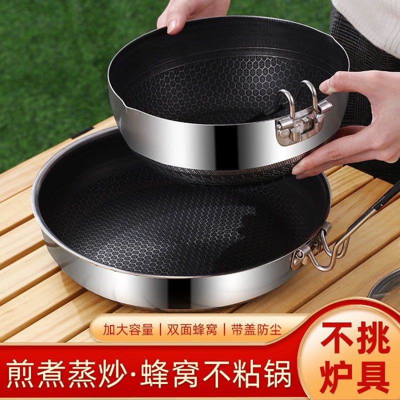 Outdoor Foldable Handle Extra Thick 316 Stainless Steel Pan, Easy Storage for Frying, Steaming, and Boiling on Gas or Induction Stoves