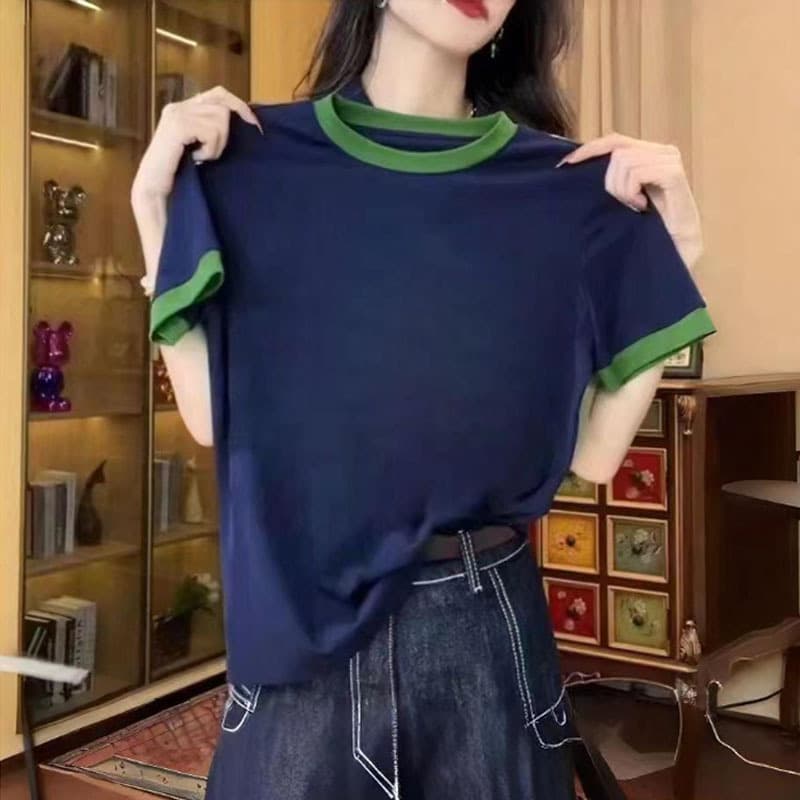 Fashion Contrast Color Crew Neck Thin Regular Shoulder Pure Cotton Short-Sleeve T-Shirt for Women, Slim Fit Color-Block Top Summer 2026 New Arrival