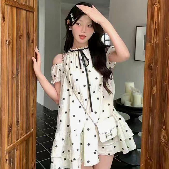 French off-the-shoulder ruffled polka-dot skirt with puff sleeves, retro bow, French slim dress for petite women