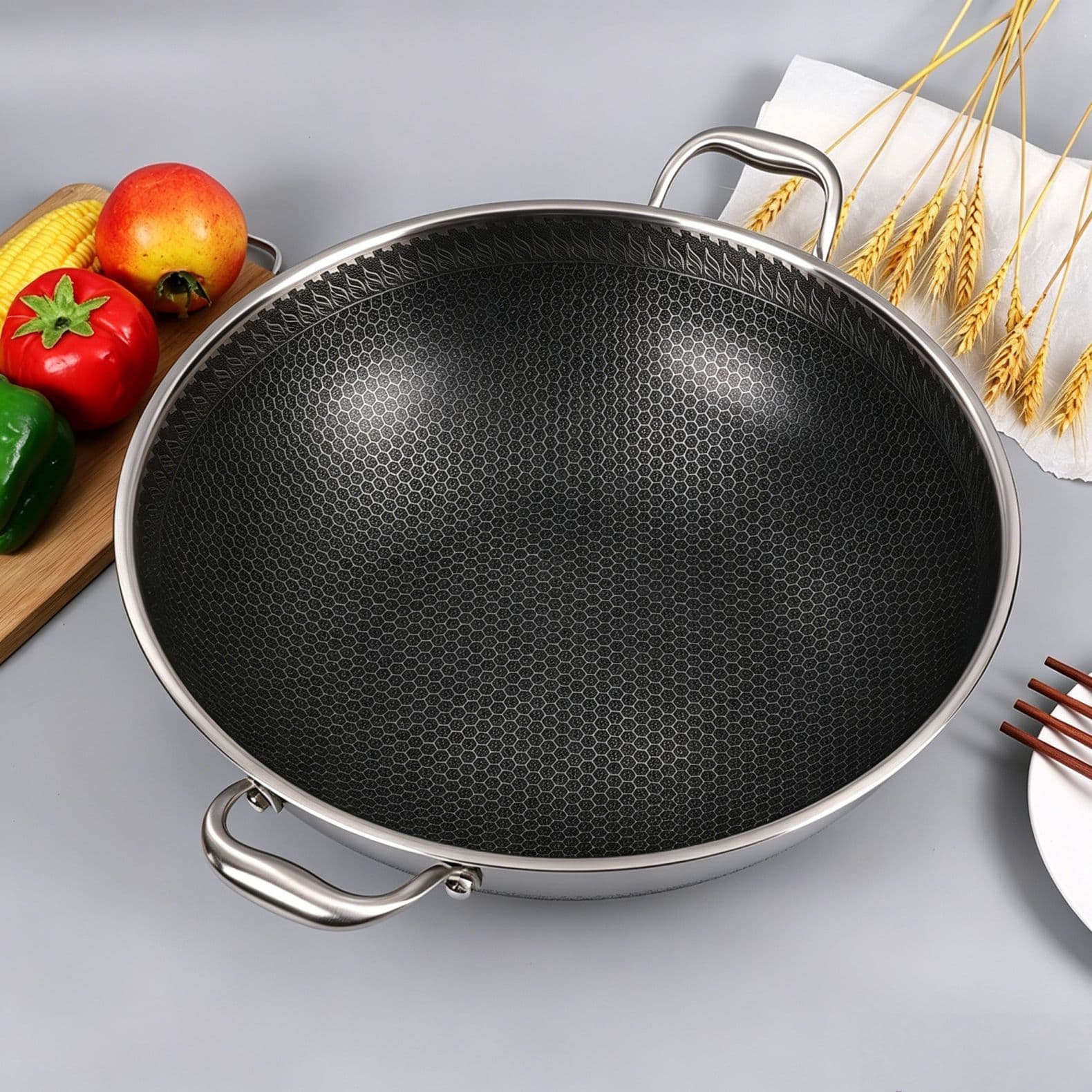 316 Stainless Steel Double-Ear Wok 40 42 Non-Stick Flat Bottom Large Household Cooking Pan Low Smoke Oil-Free Coating Double-Sided Screen