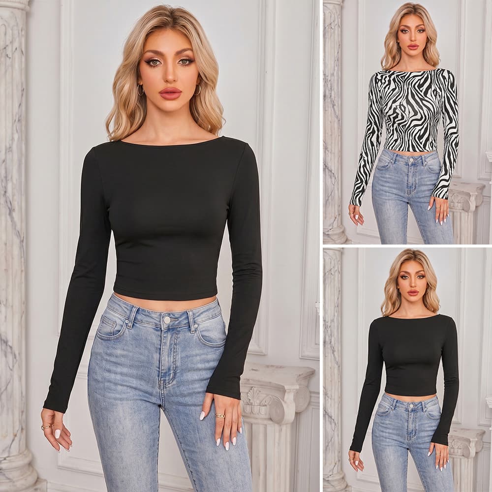 Cross-border women's clothing European and American plus size women's clothing sexy backless long-sleeved T-shirt slim bottoming shirt Amazon tops for women