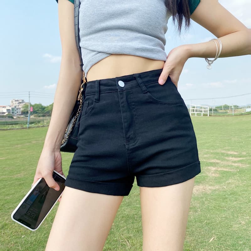 High-Waist Skinny Denim Shorts for Women, Slimming Summer 2026 New Style A-Line Black Stretch Hot Pants