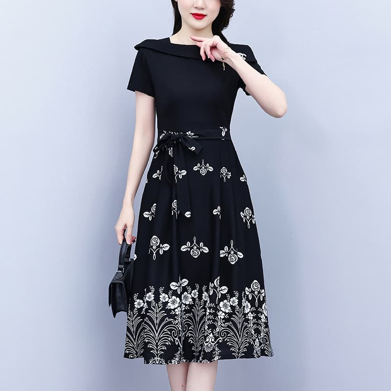 New Style Black Short Sleeve Waist-Tied Faux Layered Print Dress for Women, Slimming and Youthful Look