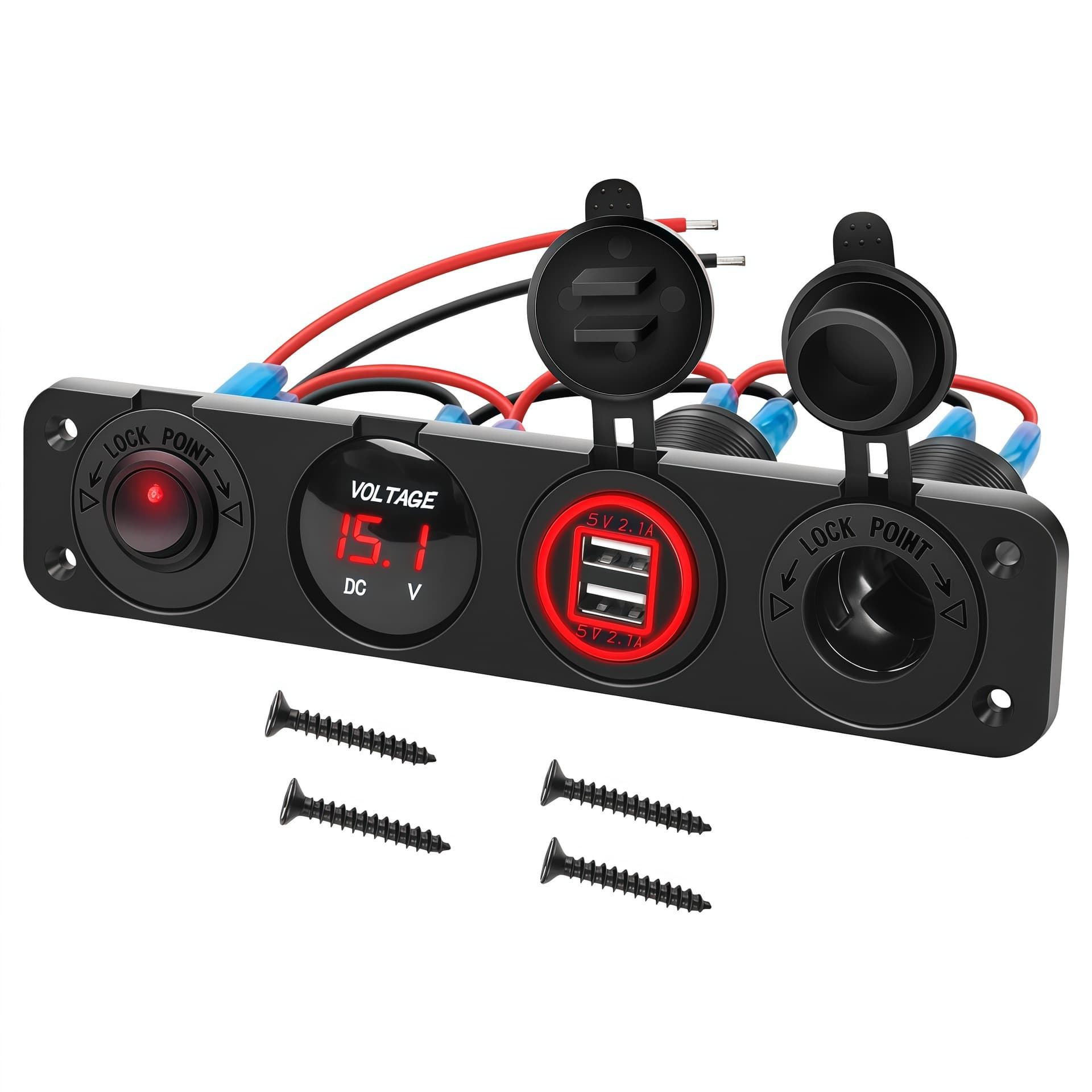 Cross-Border Best-Selling 12V Waterproof Digital Voltmeter Rocker Switch with Dual USB Charger and 4 Cigarette Lighter Sockets Boat Style